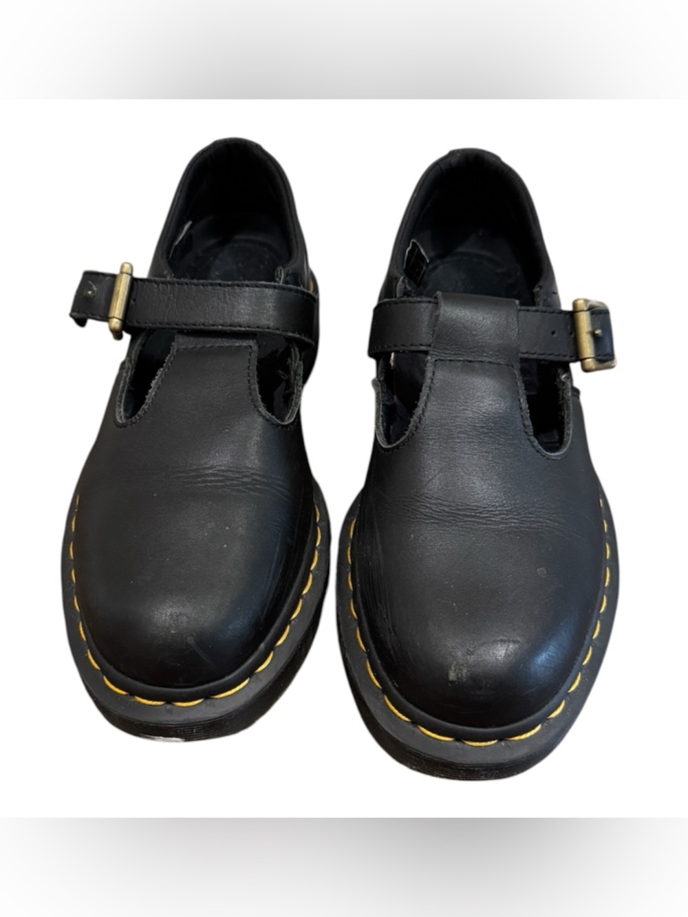 Dr. Martens Black Leather T‑Strap Shoes with Yellow Stitching